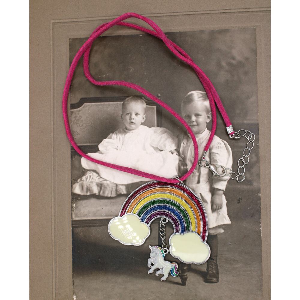1990's Enamel Rainbow with Unicorn Pink Leather Strap Necklace